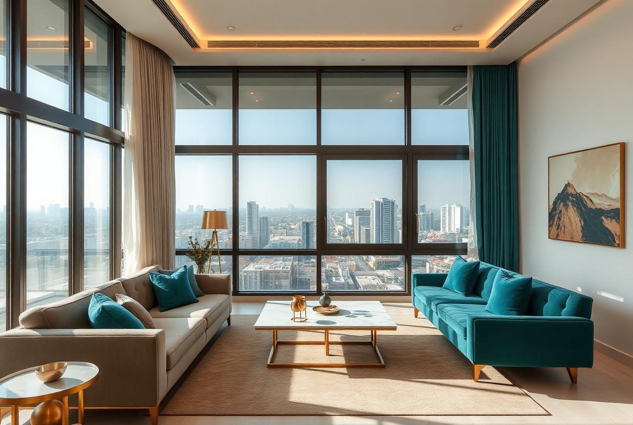 Modern apartment living room with a Dhaka city view